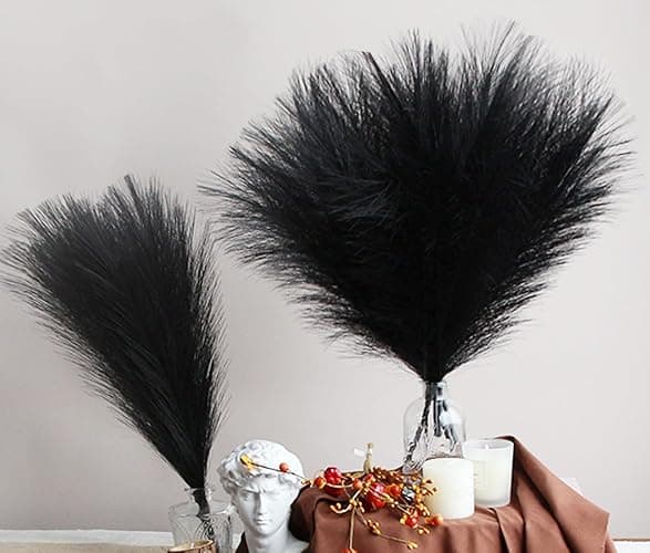 ZIFTY 6-Pcs 17" Black Pampas Grass Faux Pompas Fluffy Artificial Fake Flower Gothic Decorations for Black Bathroom Decor Vase Filler Ins Style Modern Home Decor Halloween (Black) thumbnail 2