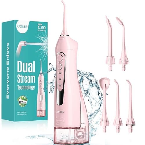 COSLUS Water Dental Flosser Teeth Pick C20(F5020E): Portable Cordless Oral Irrigator 300ML Rechargeable Travel Irrigation Cleaner IPX7 Waterproof Electric Flossing Machine for Teeth Cleaning, Pink - Image 1