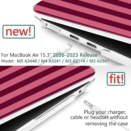TWOLSKOO for MacBook Air 15 inch Case 2026 2025 2024 2023 Release M5 A3448 M4 A3241 M3 A3114 M2 A2941, Plastic Hard Shell & Screen Protector & Keyboard Cover & Type C Adapter, Dark Pink Stripes thumbnail 2