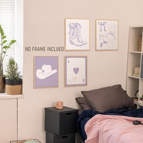 BRRNYOI Purple Coquette Western Wall Art Posters Set of 4, Cowgirl Room Decor, Preppy Bow Cowgirl Boots Hat Poker Canvas Prints Wall Decor for Girls Bedroom Dorm Apartment, 8x10 Unframed thumbnail 4