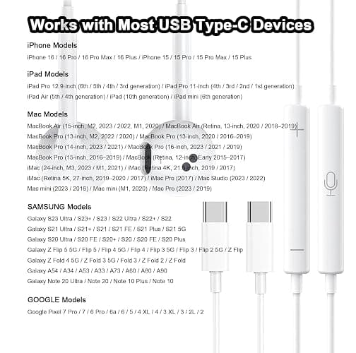 2 Packs USB C Headphones，Type C for iPhone Wired Headphones for iPhone 16/15 Earbuds with Mic and Volume Control，Hi-Fi Stereo In Ear Earphones for Galaxy S24/S23/S22/S21/S20/Ultra Note 10/20，White thumbnail 6