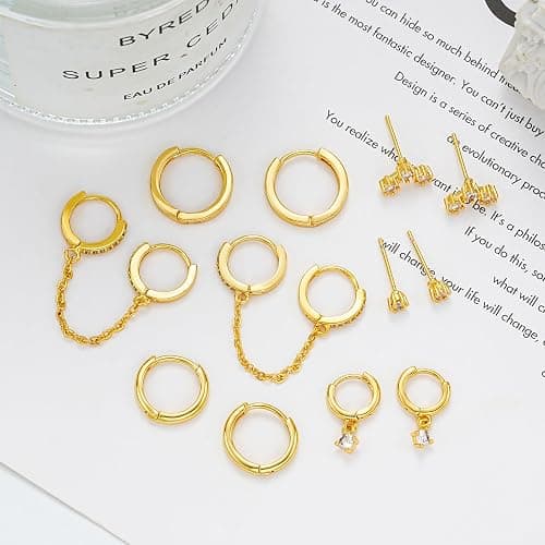 Gold Earrings Set for Women, 14K Gold Plated Stud and Cartilage Earring Sets for Multiple Piercing, Hypoallergenic Stackable Small Gold Huggie Hoop Earrings for Women Jewelry - Gold-6 Pcs thumbnail 8