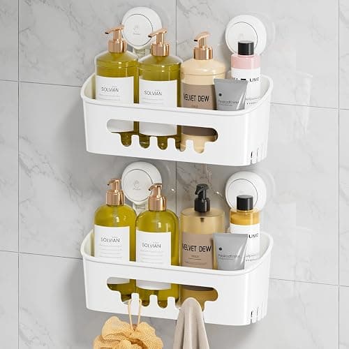 LEVERLOC Shower Caddy Suction Cup 2 Pack, Shower Organizer Removable Bathroom Shelf, Storage Suction Powerful Max Hold 22lbs Bathroom Caddy Waterproof Holder, White - Image 1