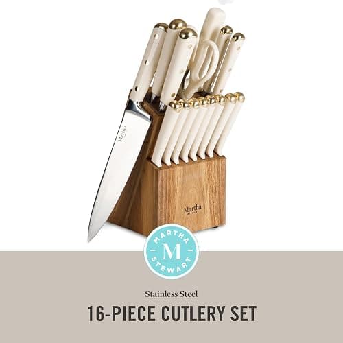 Martha Stewart 16 Piece Lockton High Carbon Stainless Steel Cutlery Kitchen Knife Block Set W/ABS Tripe Riveted Forged Handle Acacia Wood Block - Linen White W/Gold thumbnail 2