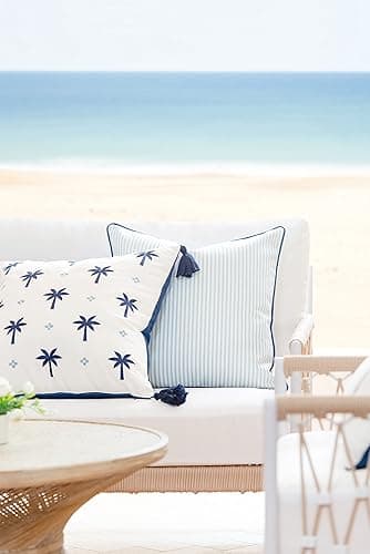 Hofdeco Premium Coastal Hampton Style Patio Indoor Outdoor Pillow Cover Only, 20"x20" Water Resistant for Backyard, Couch, Blue Stripe - Blue Striped 20"x20" thumbnail 3