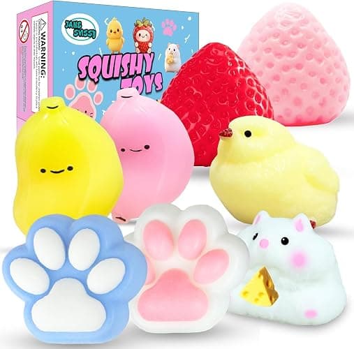 8 Pcs Taba Squishies Pack - Squishy Pack Include (2 Strawberry, 2 Cat Paws,2 Banana,1 Hamster,1 Chick),Squishy Fidget Toys Set,Gifts for Kids, Party Favors - Cute Taba Handmade Stress Toys - Image 1