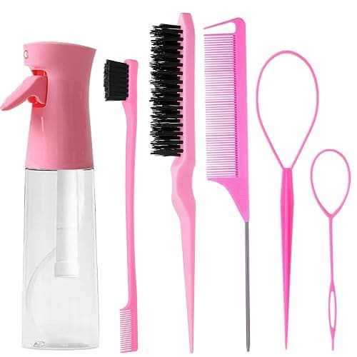 6pcs Hair Styling Comb Set with Continuous Spray Bottle 200ml, Rat Tail Comb Edge Control Hair Brush for Back Brushing, Combing, Braiding, Slicking for Women(pink) - Image 1