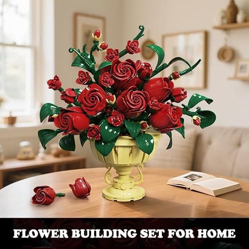 PLAXSOON Rose Flower Building Set, Mothers Day Botanicals Flowers Bouquet Building Block Kit with Pot, Artificial Bonsai Plant Collection Office Home Decor, Gift for Adults Women Boys Girls 12+ thumbnail 7