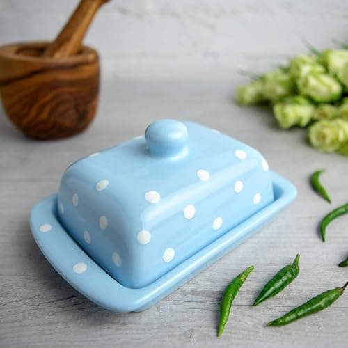 City to Cottage Large Butter Dish with Lid for Countertop, Ceramic Butter Keeper, Butter Container with Knob Handle, Butter Holder Tray with Cover, Handcrafted Sky, Baby Blue Polka Dot Butter Dish thumbnail 3