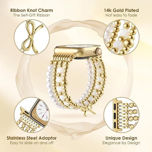 AIRSPO Gold Beaded Bracelets Compatible for Apple Watch Band 38mm 40mm 41mm 42mm Women, Fashion Handmade Dressy iPhone Watch Bands Stainless Steel Beads Elastic Strap for iWatch Series 11 10 9 SE 8 7 6 5 4 3 2 1 Ribbon knot-Gold thumbnail 5