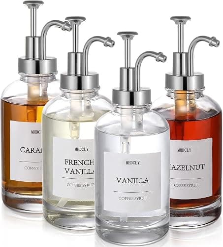 Coffee Bar Accessories,MHDCLY Coffee Syrup Dispenser - 4pack,16.9oz Syrup Dispenser with Labels ,Syrup Pump Dispenser for Coffee Bar(Silver pump) - Image 1