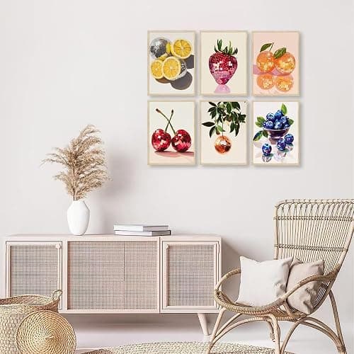 6Pcs Disco Fruit Wall Art funky fruit wall decor pictures Kitchen Poster Preppy Trendy Prints Strawberry lemon cherry Painting Artwork for Living Room Bathroom Girls Room Decoration 8x10in - Poster - 10L"x8W" thumbnail 8