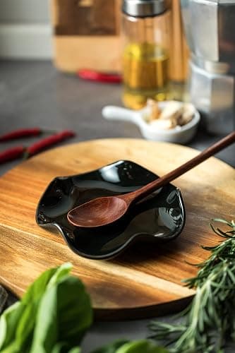 Miamolo Spoon Rest for Kitchen Counter, 5.3" Ceramic Spoon Holder for Stove Top, Cute Spoon Rests Spatula Holder for Multiple Utensils, Farmhouse Kitchen Decor Black thumbnail 6