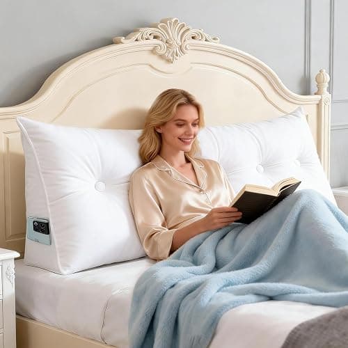 Bilimili Headboard Pillow Twin, 39" Wedge Reading Pillow for Bed Sitting Up, for College Dorm Bed & Sofa, Soft Plush Cover with Side Pockets, Beige thumbnail 5