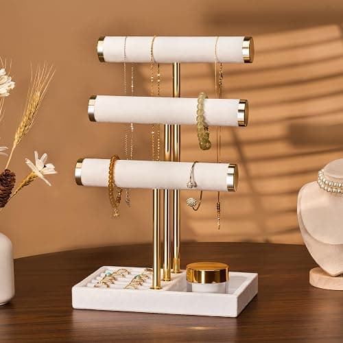 Josmimic 3 Tier Bracelet Holder Display - Detachable T Bar White Velvet Bracelet Holder, Jewelry Holder Organizer for Bracelet, Necklace, Watches, Rings thumbnail 6