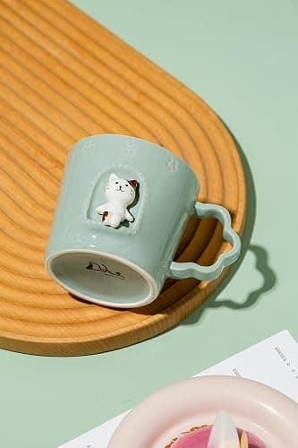 DIHOclub Cat Ceramic Cup Window Animals Mug Cute Cartoon Handmade Figurine Mugs,Holiday and Birthday Gift for Daughter,Son,Kids,9 OZ (Blue) thumbnail 4