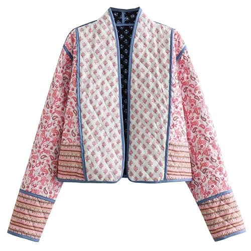 Omoone Women's Cropped Floral Reversible Quilted Jacket Cardigan Printed Lightweight Open Front Padded Puffer Coat - Image 1