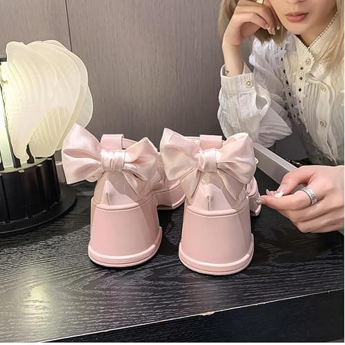 Frauen Lolita Schuhe Absatz Mary Jane Spitze Pumps mit Schleife Kawaii Nette Cosplay Keil Stiefel Cross Strap Block Heel Süße Art thumbnail 7