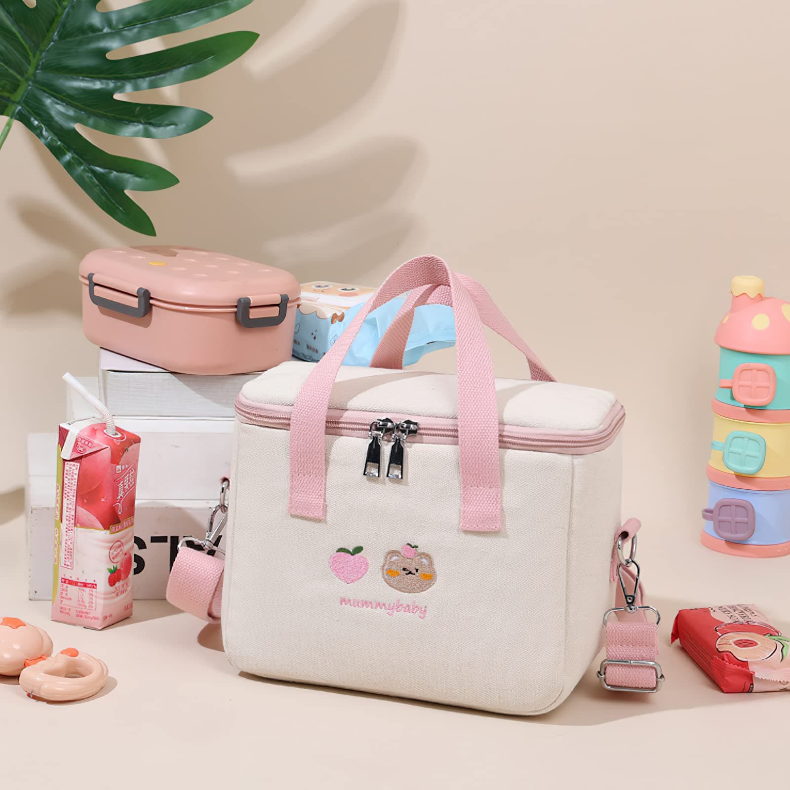 LaurelTree Aesthetic Kawaii Cute Lunch Bag Box with Straps Insulated Waterproof Durable for Women Girls Kids Office School (Pink) thumbnail 2