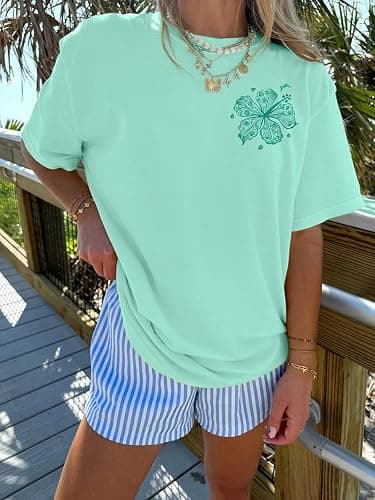 Oversized Graphic Tshirts for Women Teens Y2K Flower Short Sleeve Baggy Shirts Summer Aesthetic Beachy Coastal Tops thumbnail 6