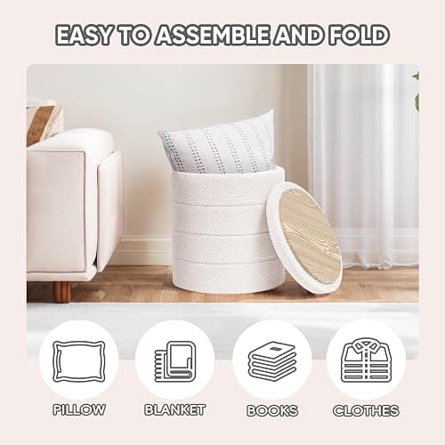 PINPLUS Round Storage Ottoman Foot Rest Stool with Tray Velvet Sherpa Folding Storage Ottoman,Boucle Foot Rest for Living Room, Bedroom, Dorm（White） thumbnail 4