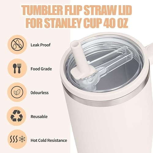 2 Pack 40 oz Tumbler Flip Straw Leak Proof Lid Replacement Fit for Stanley Quencher,40 oz Tumbler Lid Replacement for Stanley Cup,No Spill Proof Straw Cover for Stanley Cup Accessories (Cream White) thumbnail 5
