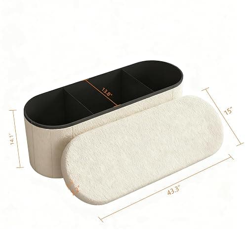 GLAXYFUR Oval Ottoman with Storage for Living Room, Sherpa Bench, Beige | 43.3 Inches Folding Chest, Foot Rest, End of Bed Bench for Bedroom, Hallway thumbnail 2
