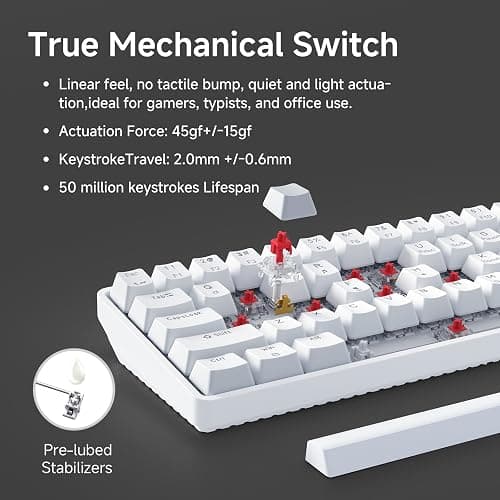 TMKB 60% Mechanical Gaming Keyboard, Red Linear Switch, LED Backlight, Anti-Ghosting, Detachable USB-C, Double-Shot Keycaps, 61 Keys, Wired, White thumbnail 3