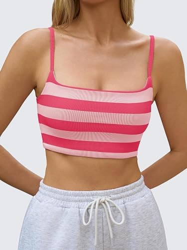 Aoysky Womens Striped Square Neck Sports Bras Spaghetti Straps Ribbed Padded Low Impact Yoga Workout Camisole thumbnail 2