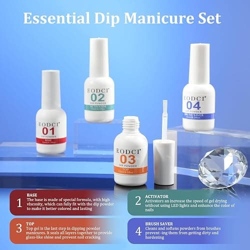 Eodci 12 Pcs Dip Powder Nail Kit Starter, 6 Colors Glitter Blue Snow Dipping Powder Kit With Base & Top Coat/Activator/Brush Saver, Nail Art Manicure Salon DIY for Daily at Home Party Gifts for Women thumbnail 4