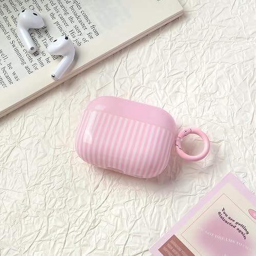 Fycyko Case for AirPod Pro 2/Pro 1 Generation with One Cleaner Kit, Cute Striped Trendy Aesthetic Glossy Shockproof Protective Case for AirPod Pro 2/Pro 1 -Pink thumbnail 4
