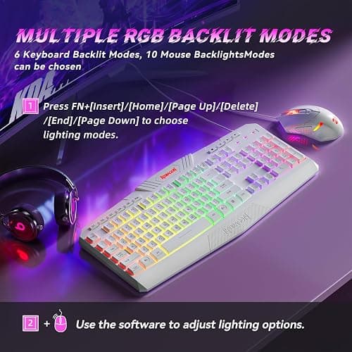 Redragon Updated Programmable Gaming Keyboard and Mouse, RGB Backlit Keyboard Mouse with Software, Independent Macro Record Keys, Value Combo Set, White - S101-3 PRO thumbnail 3