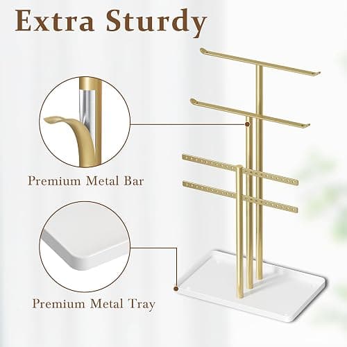 Jewelry Stand Organizer, 37CM Tall Sturdy Metal, 3-Tier Jewelry Holder for Necklace, Earring, Bracelet, Ring, Hanger for Display and Storage, Aesthetic Room Decor, Gold Jewlery Stand with White Tray thumbnail 5