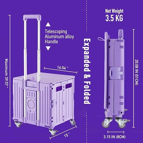 Folding Utility Cart Portable Rolling Crate Handcart Shopping Trolley Collapsible Tool Box, with Lid, Basket on 4 Rotate Wheels, for Grocery, Shopping, Office, Storage, Teacher (Purple) thumbnail 2