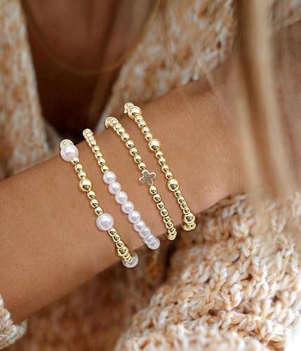 BOMAIL Gold Beaded Bracelets for Women Trendy Non Tarnish Gold Bracelet Stack 14K Gold Plated Pearl Bead Bracelets Cross Bracelets Set Stackable Stretch Beads Bracelet thumbnail 4