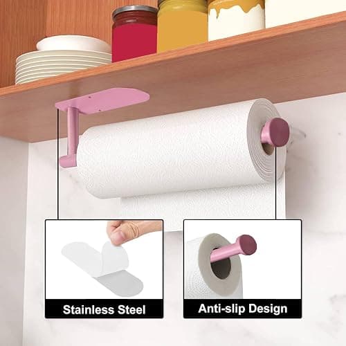 YeeBeny Pink Paper Towel Holder - Self Adhesive or Drilling, Under Cabinet or Wall Mounted thumbnail 4