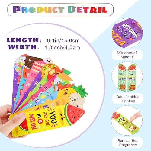 Eersida 30 Pcs Scented Bookmarks for Kids, Fruit Food 10 Styles | Assorted Designs Scratch and Sniff, Fruit Food Theme Sayings for Students, Teens, Food Lovers, Bulk Reading Reward Gifts thumbnail 3