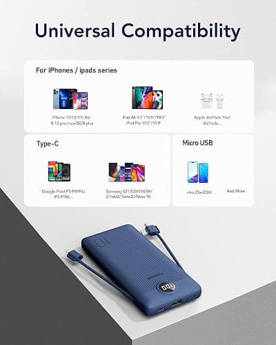 VEGER Portable Charger with Built-in AC Plug and Cables, All in One 10000mAh Ultra Slim Power Bank Travel Essentials, 15W Fast Charging Battery Pack Compatible with iPhone, Samsung, Android (Navy) thumbnail 6