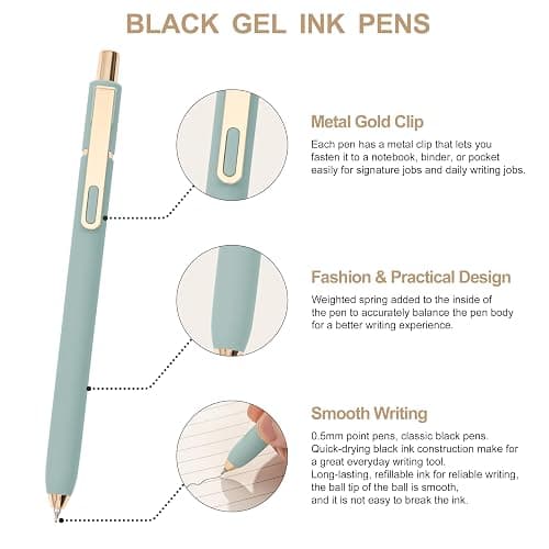 Linbsunne Gel Pens Black Ink Pens for Office 0.5mm Fine Point Pen Smooth Writing Retractable (Metal gold clip-10 pcs) thumbnail 3