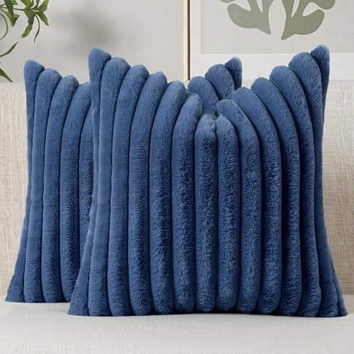 MIULEE Faux Fur Decorative Throw Pillow Covers 18x18 Set of 2 Navy Blue | Coastal Modern Art Home Decor Soft Plush Couch Pillows Cozy Fluffy Cushion Covers for Sofa Bed Living Room - Image 1