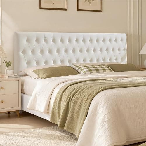 Kingfun Tufted Upholstered Full Size Bed Headboard in Modern Button Design, Adjustable Solid Wood Head Board, Premium Velvet Fabric Padded Headboards in Bedroom (White) - Image 1