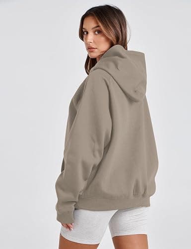 Lauweion Women Solid Basic Fleece Letter Loose Hoodie Sweatshirt Long Sleeve Kangaroo Pocket Drop Shoulder Pullovers Top thumbnail 5