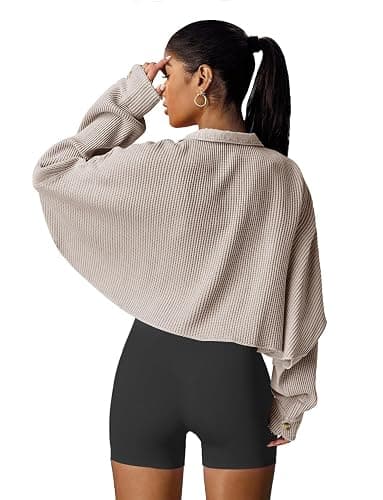 Panadila Women's Cropped Waffle Knit Shacket Short Button Down Jacket Batwing Sleeve Shirts with Pocket thumbnail 5