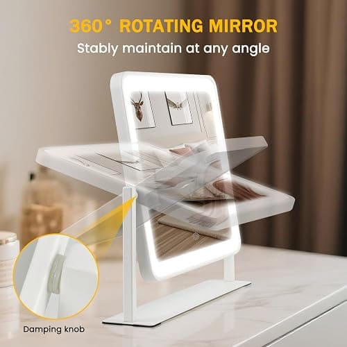Bearolve Vanity Mirror with Lights, 14"×12" LED Makeup Mirror, HD Professional Mirror, Smart Touch with 3-Color Lighting, Dimmable, 360° Rotation, Lighted Up for Makeup Desk, Bedroom (White) thumbnail 6