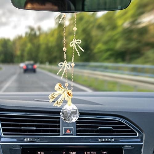 Celavoy Bow Car Mirror Hanging Accessories - Gold Cute Coquettee Bowknot Cars Charm for Rearview Mirrors Crystal Ball Suncatchers Pendant Ornament Auto Interior Decor Birthday Gifts for Women Girls thumbnail 4