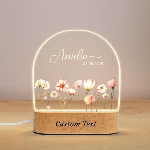 7GEEFT Personalized Baby Gifts for Kids, Custom Baby Shower Birthday Newborn Gifts for Toddler Girls, Custom Flower Acrylic Plaque with Name Night Light for Girl's Room Nursery Bedroom Decor - Image 1