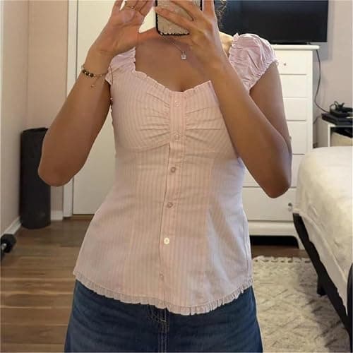 Women Fairy Grunge Crop Top Vintage Lace Short Sleeve Shirt Aesthetic Patchwork Square Neck T-Shirt 90s Harajuku Shirt thumbnail 2