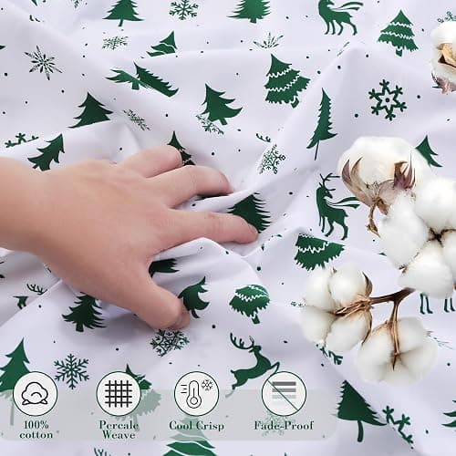 Viviland Christmas Holiday 100% Cotton Sheets Twin Single, Crisp Cooling Percale Deer Pine Tree Sheets, Soft Cozy Snowflake Winter Bedding thumbnail 3