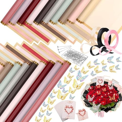 Thrilez 187PCS Flower Bouquet Wrapping Paper Kit Includes 40 Floral Paper, 24 Butterflies, 100 Bouquet Pins, 3 Ribbons and 20 Greeting Cards for Mother's Day Wedding Baby Shower Graduation - Image 1