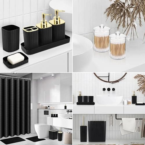 XLHOMO Bathroom Set with Shower Curtain and Rugs- 25PC Bathroom Accessory Set, Black Shower Curtain Set, Toilet Brush, Trash Can, Qtip Holder Dispenser & Soap Dispenser - Black&Golden - Bath Set+Shower Curtain+Bath Rugs thumbnail 5